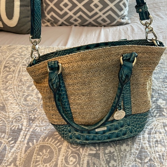 Brahmin Small Bowie Raffia/lagoon blue Satchel Crossbody summer - Picture 2 of 10